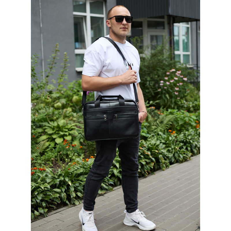 Чоловічий портфель для ноутбука 38х28х8, офісна шкіряна сумочка, міська чоловіча ділова сумка, чорна