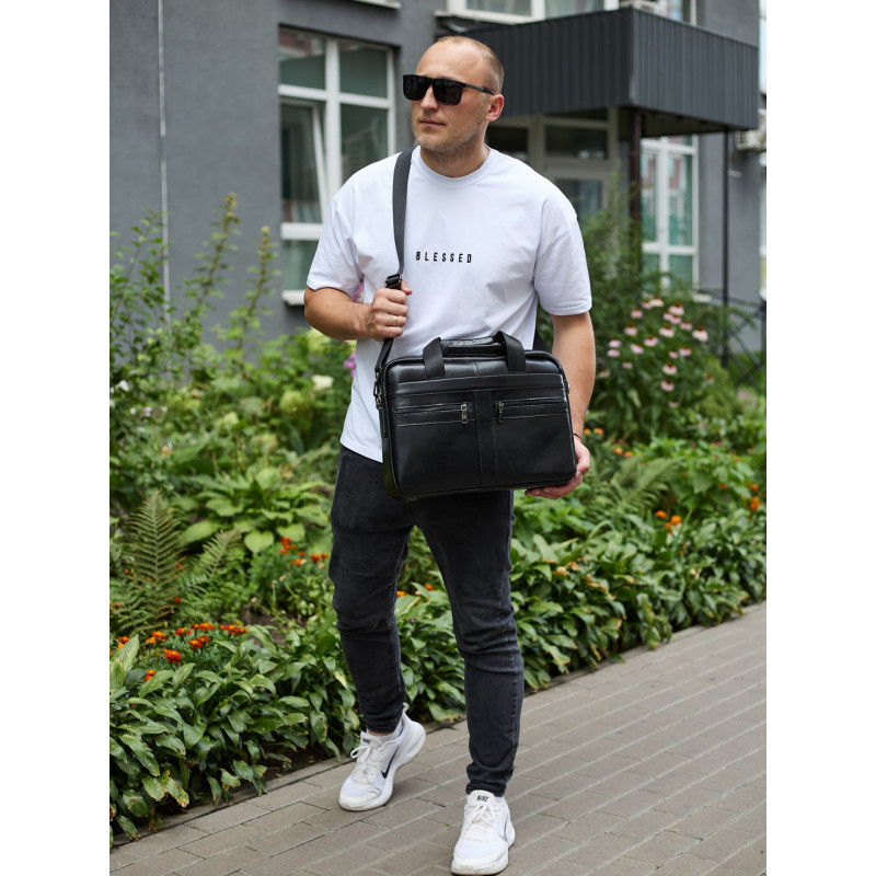 Чоловічий портфель для ноутбука 38х28х8, офісна шкіряна сумочка, міська чоловіча ділова сумка, чорна
