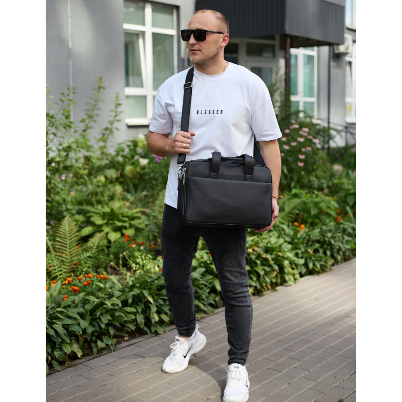 Чоловічий портфель на плече 40х28х10, офісний шкіряний месенджер, чоловіча ділова сумка для міста, чорний