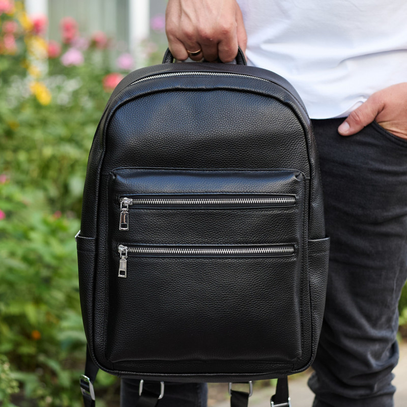 Міський чоловічий рюкзак із натуральної шкіри 41х30х17, наплічна сумка для ноутбука та документів, чорний