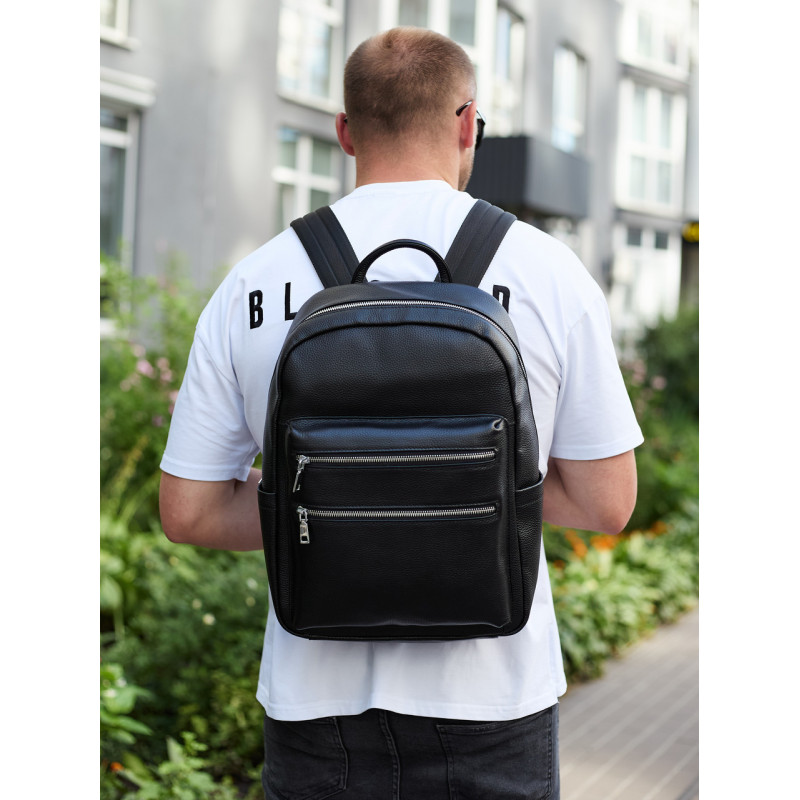 Міський чоловічий рюкзак із натуральної шкіри 41х30х17, наплічна сумка для ноутбука та документів, чорний
