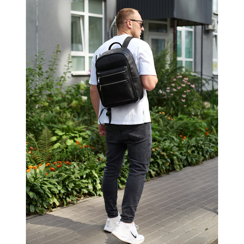 Міський чоловічий рюкзак із натуральної шкіри 41х30х17, наплічна сумка для ноутбука та документів, чорний