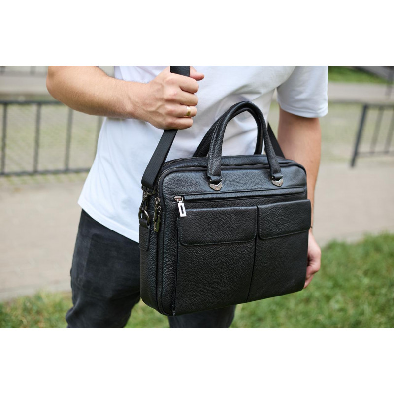 Сумка чоловіча офісна через плече 39х29х10, практичний шкіряний портфель для бізнесу, сумочка для навання, чорний