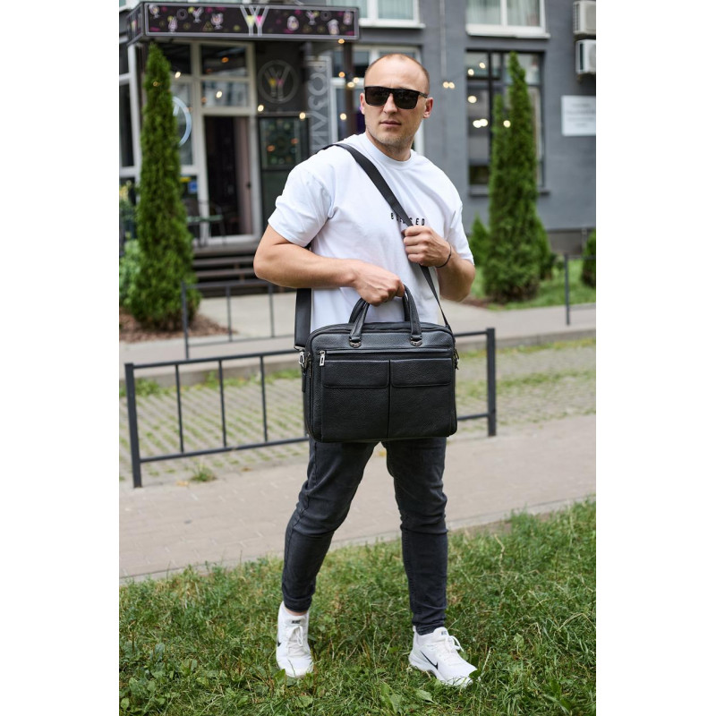 Сумка чоловіча офісна через плече 39х29х10, практичний шкіряний портфель для бізнесу, сумочка для навання, чорний