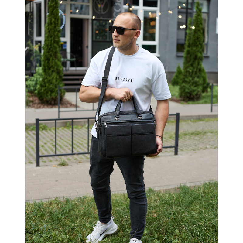 Сумка чоловіча офісна через плече 39х29х10, практичний шкіряний портфель для бізнесу, сумочка для навання, чорний