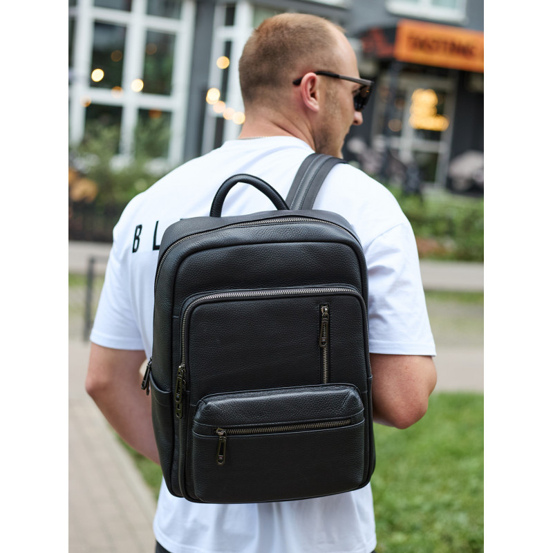 Міський чоловічий рюкзак із натуральної шкіри 40х30х18, наплічник для роботи та подорожей, чорний