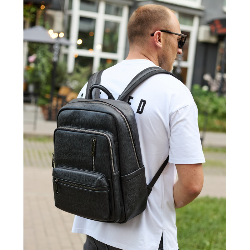 Міський чоловічий рюкзак із натуральної шкіри 40х30х18, наплічник для роботи та подорожей, чорний