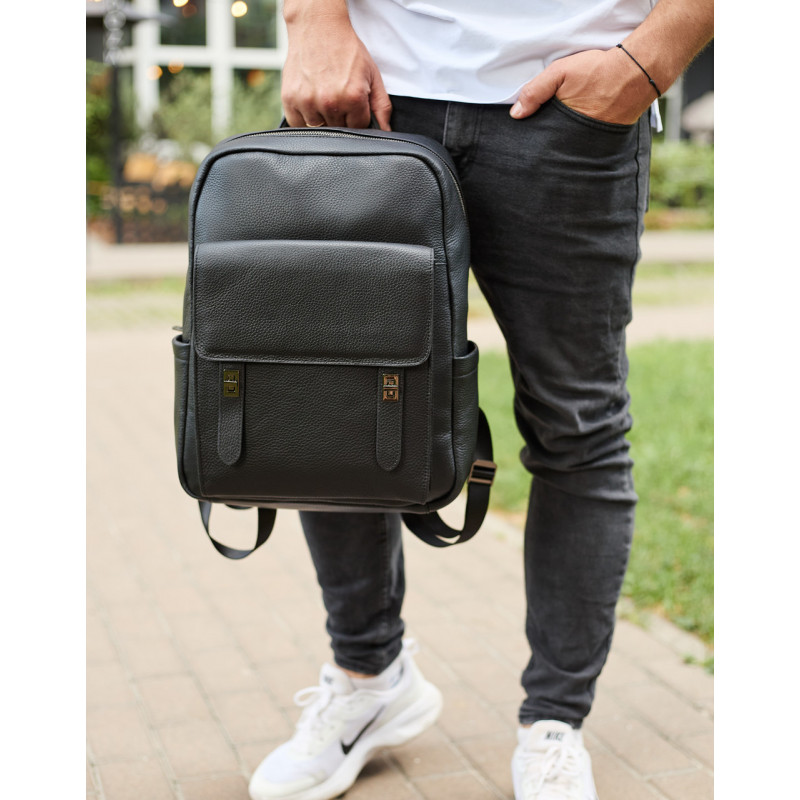 Стильний чоловічий шкіряний рюкзак 40х30х17, практичний аксесуар для ноутбука та документів, чорний