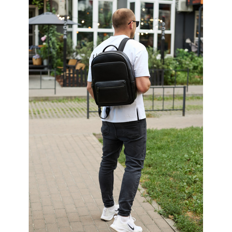 Чоловічий шкіряний рюкзак 41х31х16, універсальний міський наплічник для роботи та поїздок, офісна чоловіча сумка, чорний