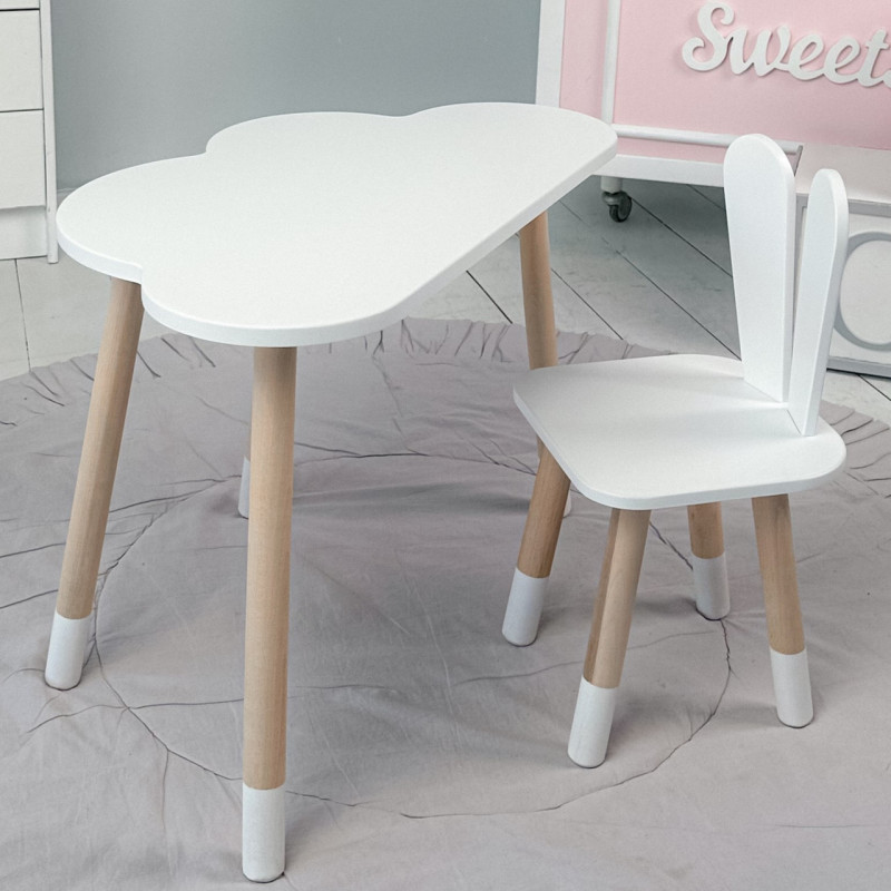 Білий набір меблів стіл та стілець, дитячий столик хмарка 46х70х40 і стільчик зайчик 26.5х26х25 для гри, малювання, навчання