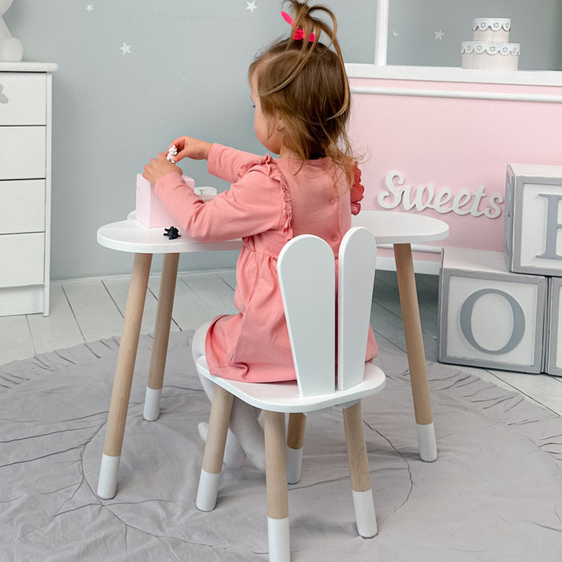 Білий набір меблів стіл та стілець, дитячий столик хмарка 46х70х40 і стільчик зайчик 26.5х26х25 для гри, малювання, навчання