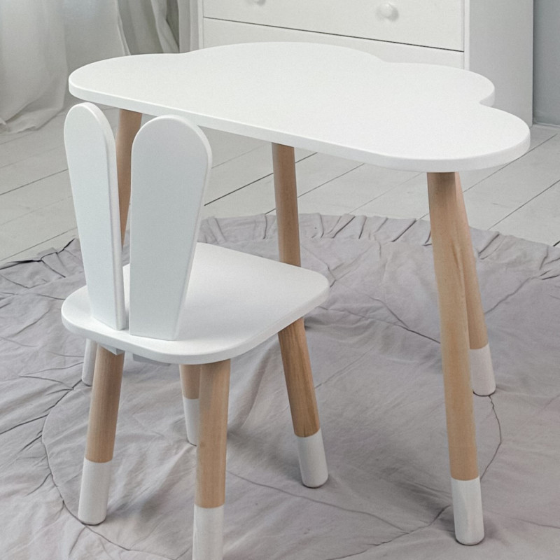Білий набір меблів стіл та стілець, дитячий столик хмарка 46х70х40 і стільчик зайчик 26.5х26х25 для гри, малювання, навчання