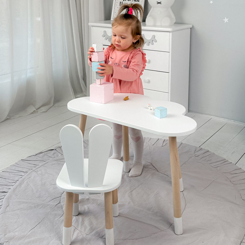 Білий набір меблів стіл та стілець, дитячий столик хмарка 46х70х40 і стільчик зайчик 26.5х26х25 для гри, малювання, навчання