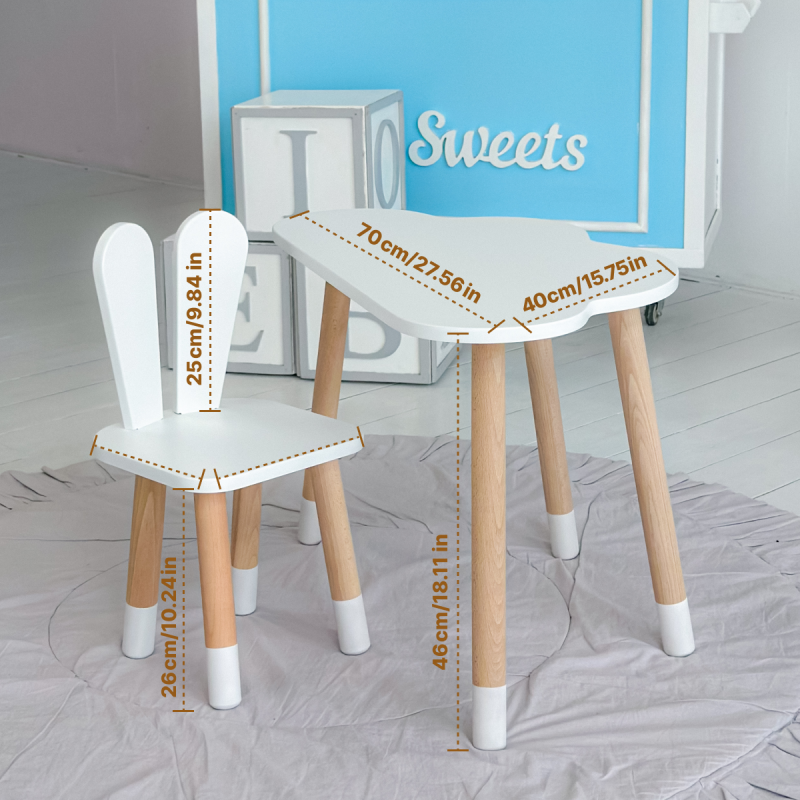 Білий набір меблів стіл та стілець, дитячий столик хмарка 46х70х40 і стільчик зайчик 26.5х26х25 для гри, малювання, навчання