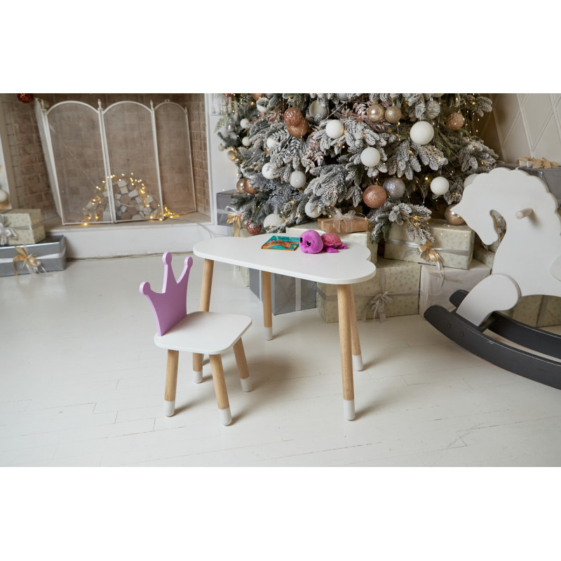 Білий столик хмарка 46х70х40 та стільчик корона фіолетовий 26.5х26х25, набір меблів для дитини стіл та стілець