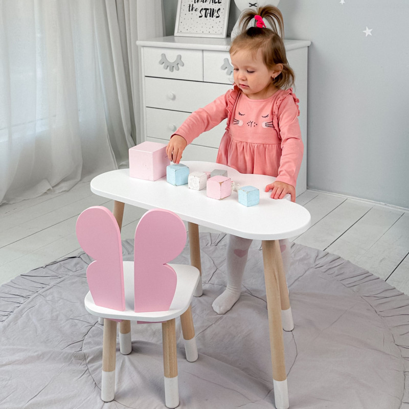 Дитячий столик хмара 46х70х40 і стілець метелик 26.5х26х25, стільчик та стіл для навчання та творчості, білий з рожевим