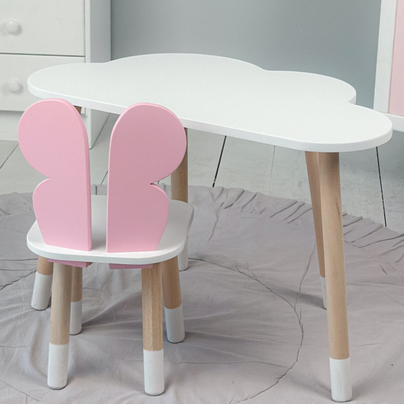 Дитячий столик хмара 46х70х40 і стілець метелик 26.5х26х25, стільчик та стіл для навчання та творчості, білий з рожевим
