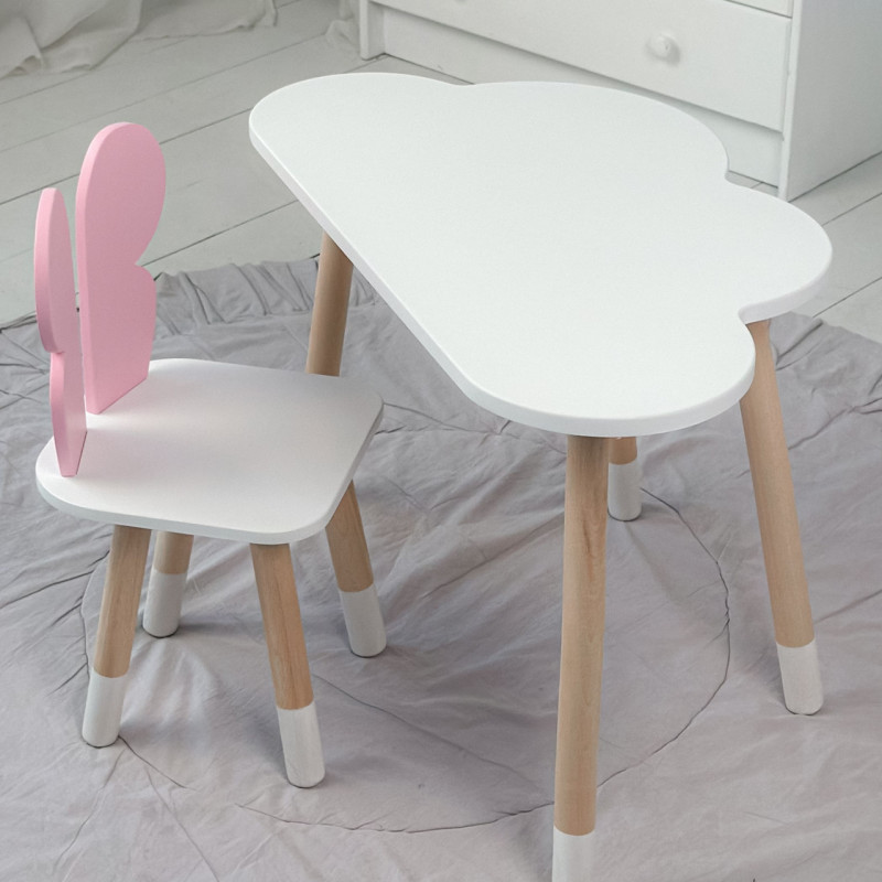 Дитячий столик хмара 46х70х40 і стілець метелик 26.5х26х25, стільчик та стіл для навчання та творчості, білий з рожевим