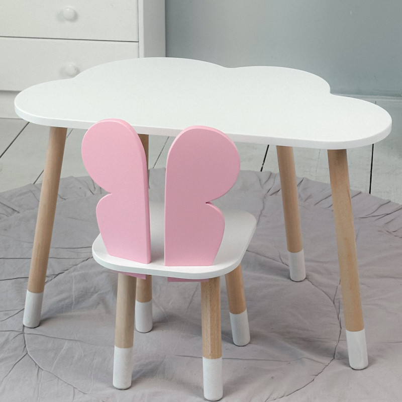 Дитячий столик хмара 46х70х40 і стілець метелик 26.5х26х25, стільчик та стіл для навчання та творчості, білий з рожевим