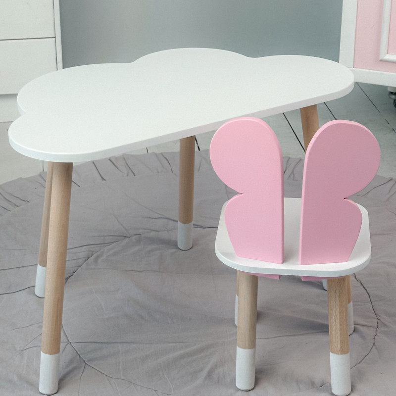 Дитячий столик хмара 46х70х40 і стілець метелик 26.5х26х25, стільчик та стіл для навчання та творчості, білий з рожевим