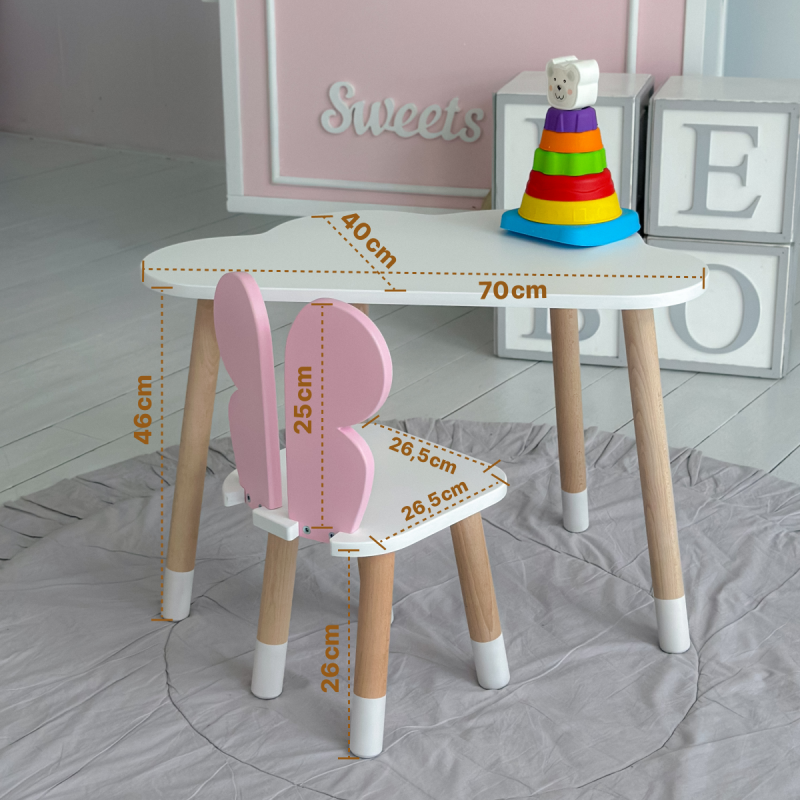 Дитячий столик хмара 46х70х40 і стілець метелик 26.5х26х25, стільчик та стіл для навчання та творчості, білий з рожевим