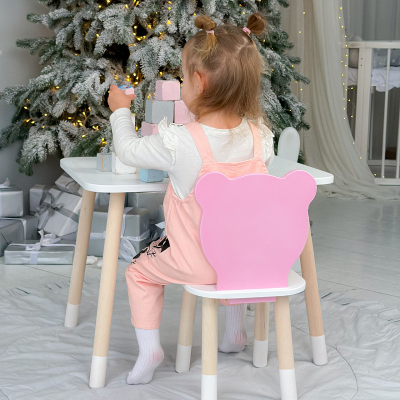 Стіл прямокутний 46х60х45 і стілець медвежа 26.5х26х25, столик та стільчик в дитячу, білий з рожевим