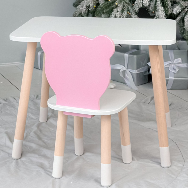 Стіл прямокутний 46х60х45 і стілець медвежа 26.5х26х25, столик та стільчик в дитячу, білий з рожевим