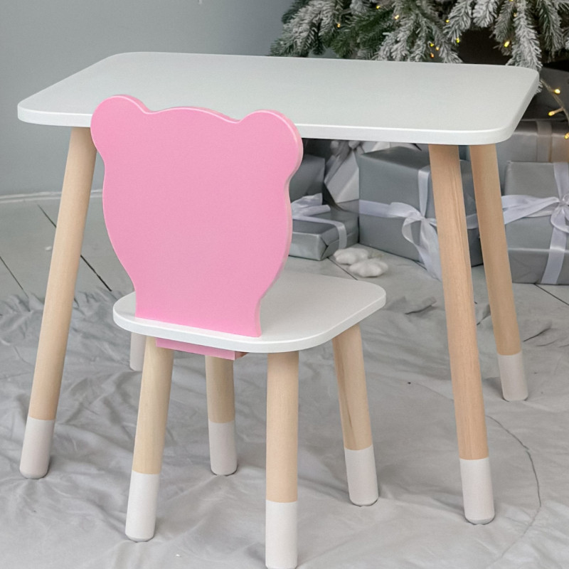 Стіл прямокутний 46х60х45 і стілець медвежа 26.5х26х25, столик та стільчик в дитячу, білий з рожевим