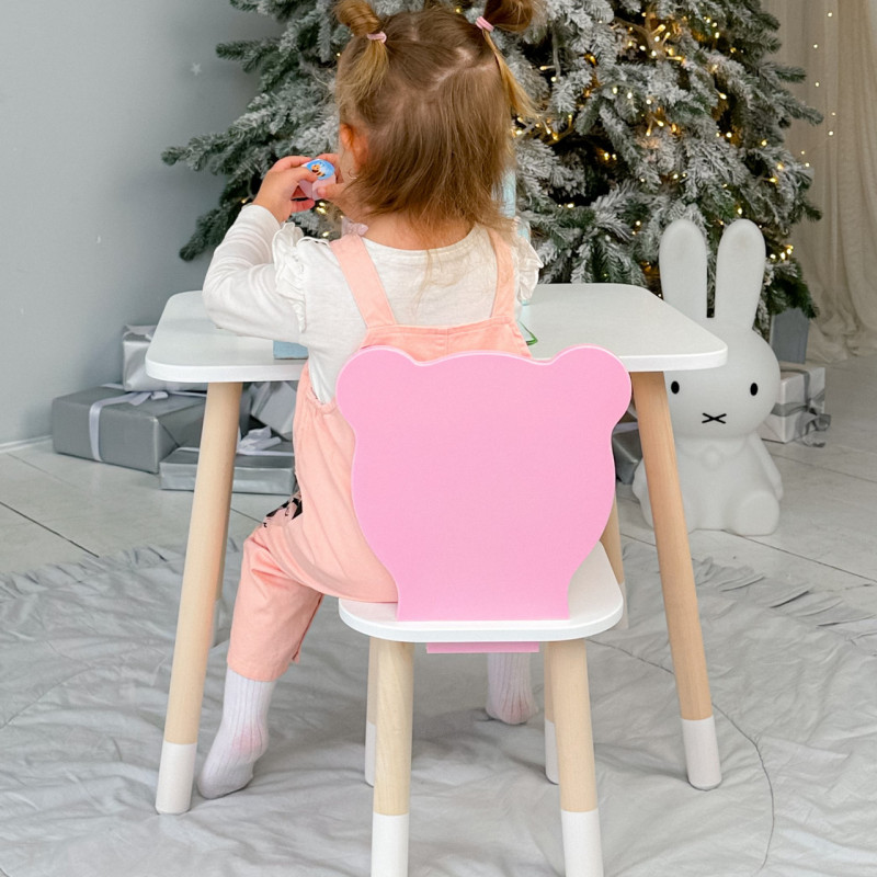 Стіл прямокутний 46х60х45 і стілець медвежа 26.5х26х25, столик та стільчик в дитячу, білий з рожевим