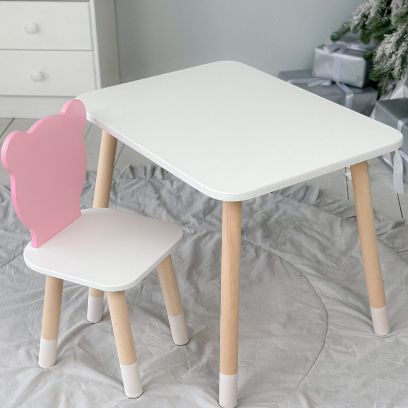Стіл прямокутний 46х60х45 і стілець медвежа 26.5х26х25, столик та стільчик в дитячу, білий з рожевим