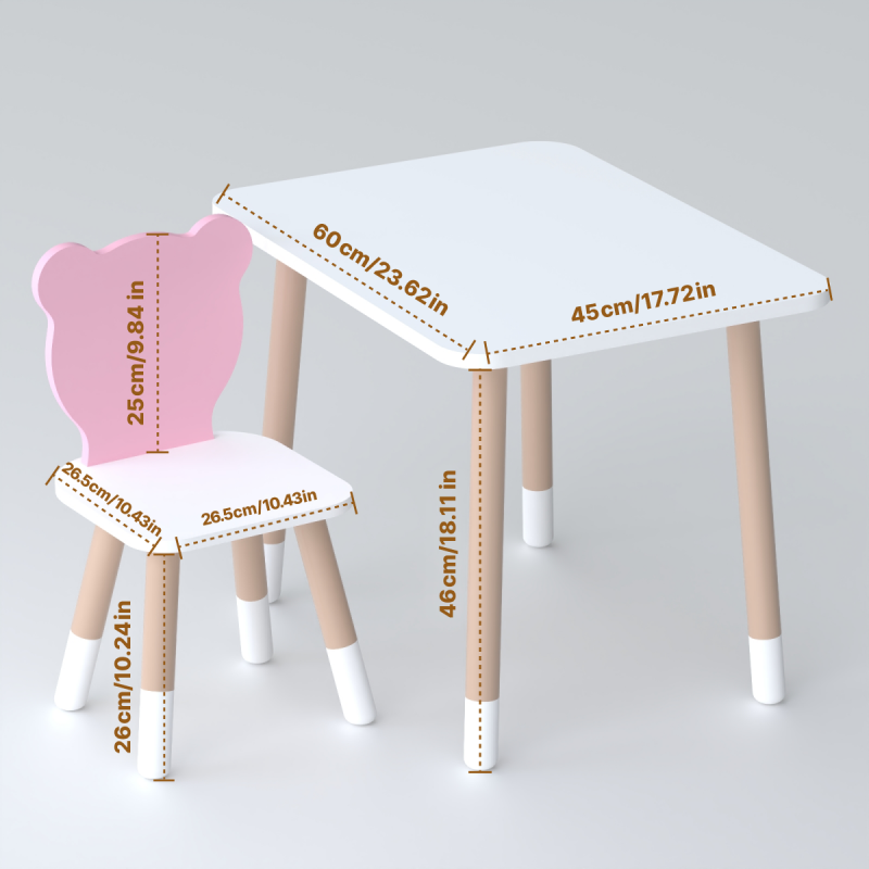 Стіл прямокутний 46х60х45 і стілець медвежа 26.5х26х25, столик та стільчик в дитячу, білий з рожевим