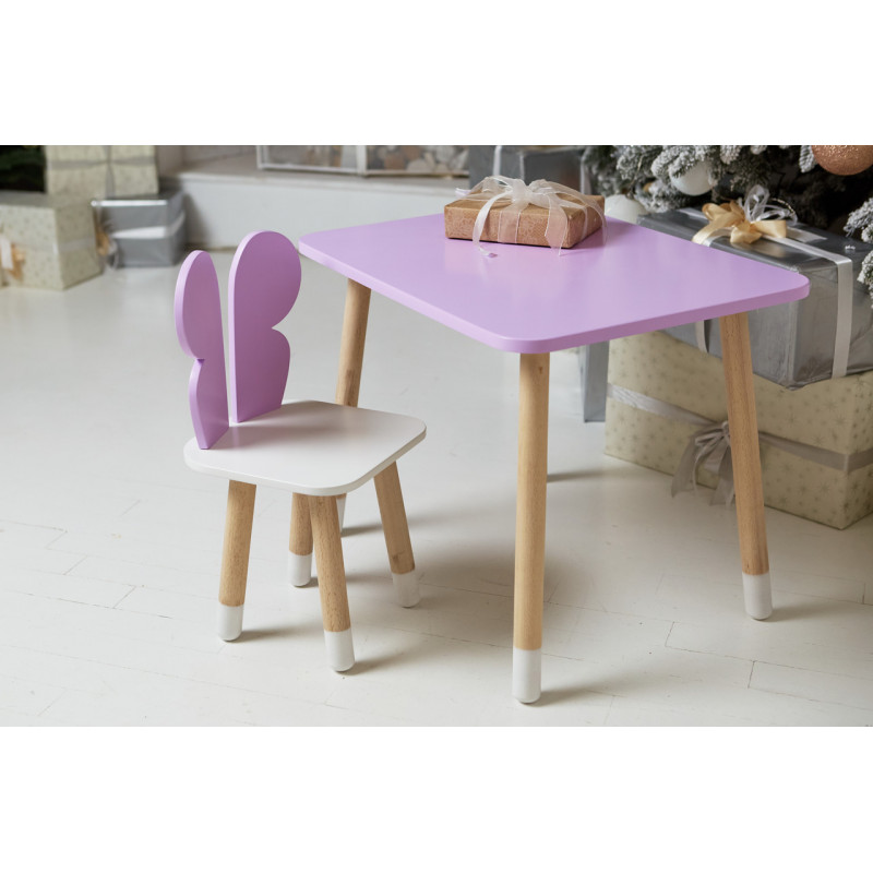 Дитячий стіл 46х60х45 і стілець крильця метелика 26.5х26х25, столик та стільчик для дівчачої кімнати, фіолетовий з білим
