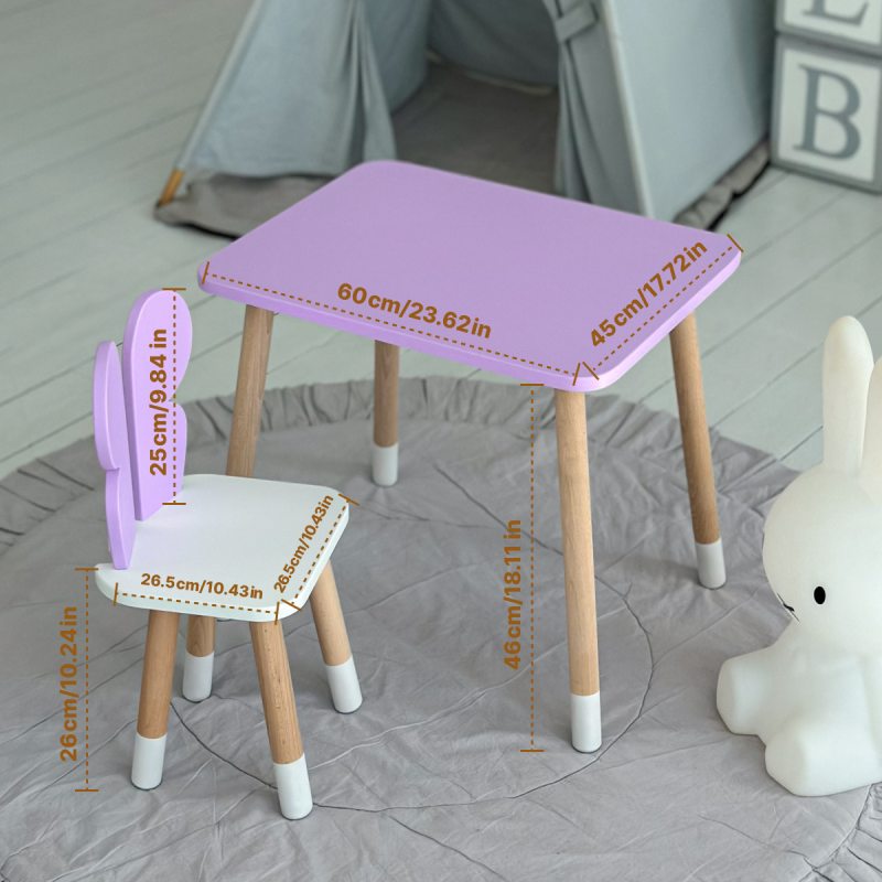 Дитячий стіл 46х60х45 і стілець крильця метелика 26.5х26х25, столик та стільчик для дівчачої кімнати, фіолетовий з білим