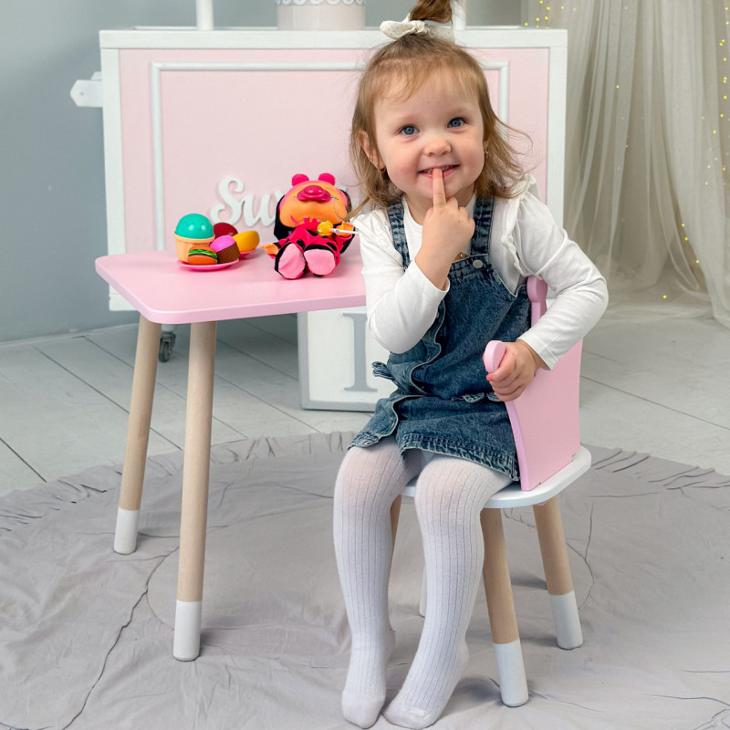 Стіл прямокутний 46х60х45 і стілець корона 26.5х26х25, столик та стільчик для дівчинки до 7 років, рожевий білим