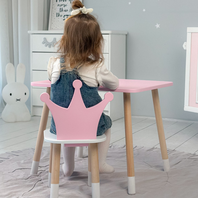 Стіл прямокутний 46х60х45 і стілець корона 26.5х26х25, столик та стільчик для дівчинки до 7 років, рожевий білим