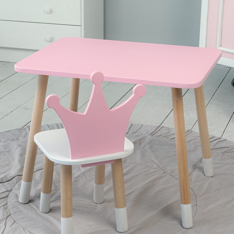 Стіл прямокутний 46х60х45 і стілець корона 26.5х26х25, столик та стільчик для дівчинки до 7 років, рожевий білим