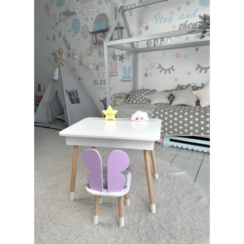 Столик з відкидним верхом 53х60х45 і стільчик крила метелика 26.5х26х25, стіл та стілець для дітей від 1 року, білий з фіолетовим