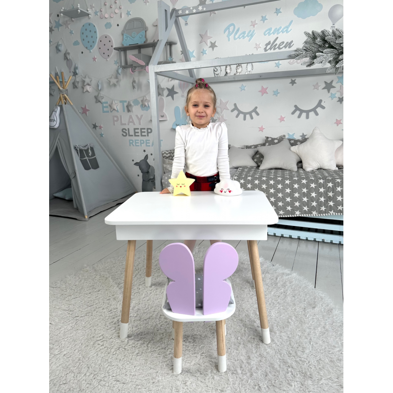 Столик з відкидним верхом 53х60х45 і стільчик крила метелика 26.5х26х25, стіл та стілець для дітей від 1 року, білий з фіолетовим