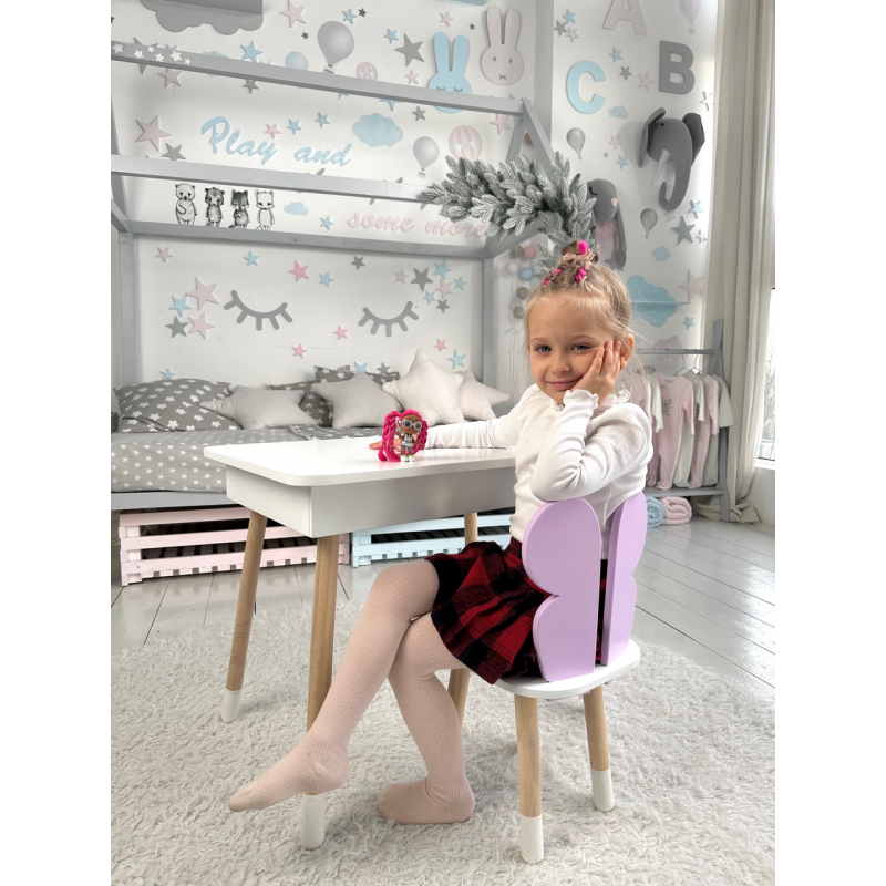 Столик з відкидним верхом 53х60х45 і стільчик крила метелика 26.5х26х25, стіл та стілець для дітей від 1 року, білий з фіолетовим