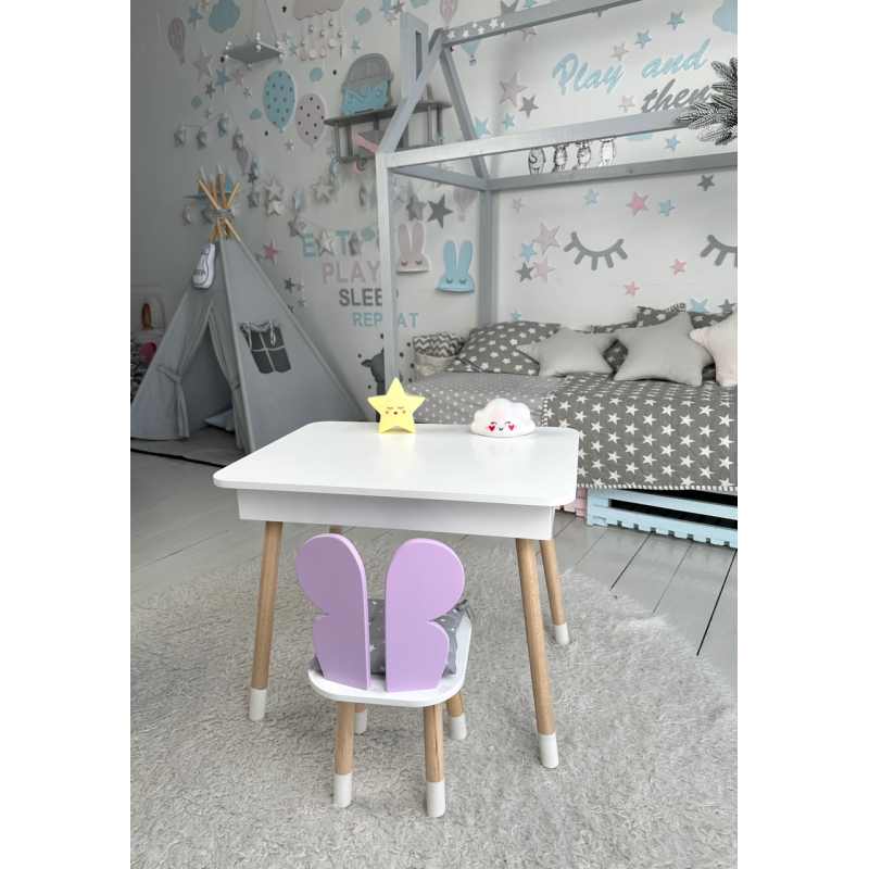 Столик з відкидним верхом 53х60х45 і стільчик крила метелика 26.5х26х25, стіл та стілець для дітей від 1 року, білий з фіолетовим