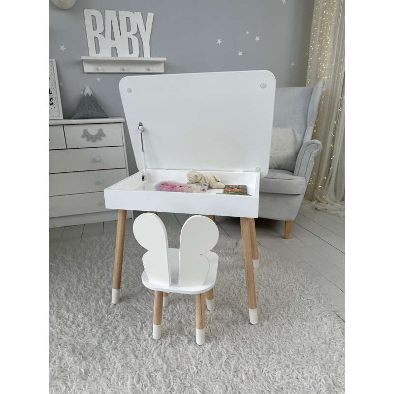 Столик з відкидним верхом 53х60х45 і стільчик метелик 26.5х26х25, стіл та стілець для злопчика від 1 року, білий