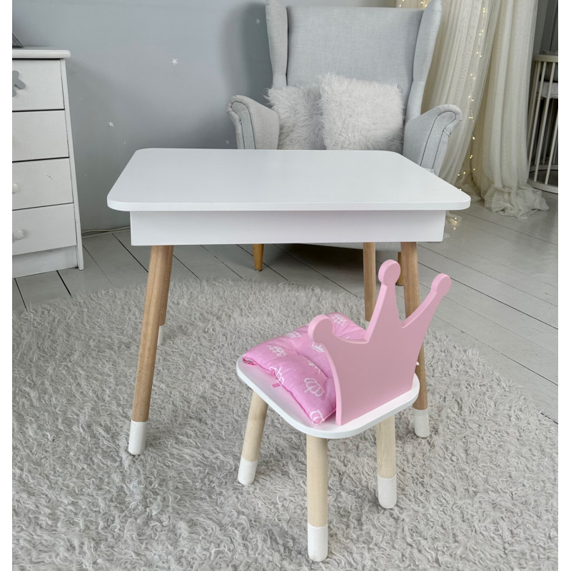 Столик з відкидним верхом 53х60х45 і стільчик корона 26.5х26х25, стіл та стілець для дітей від 1 року, білий з рожевим