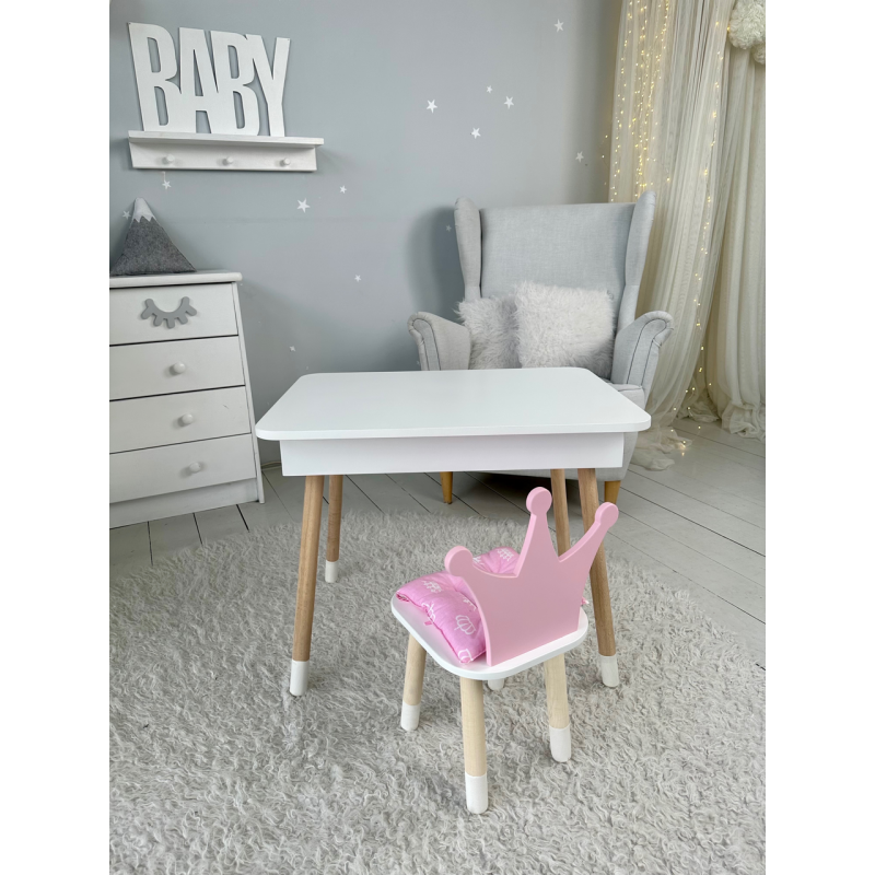 Столик з відкидним верхом 53х60х45 і стільчик корона 26.5х26х25, стіл та стілець для дітей від 1 року, білий з рожевим