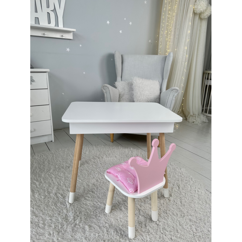 Столик з відкидним верхом 53х60х45 і стільчик корона 26.5х26х25, стіл та стілець для дітей від 1 року, білий з рожевим