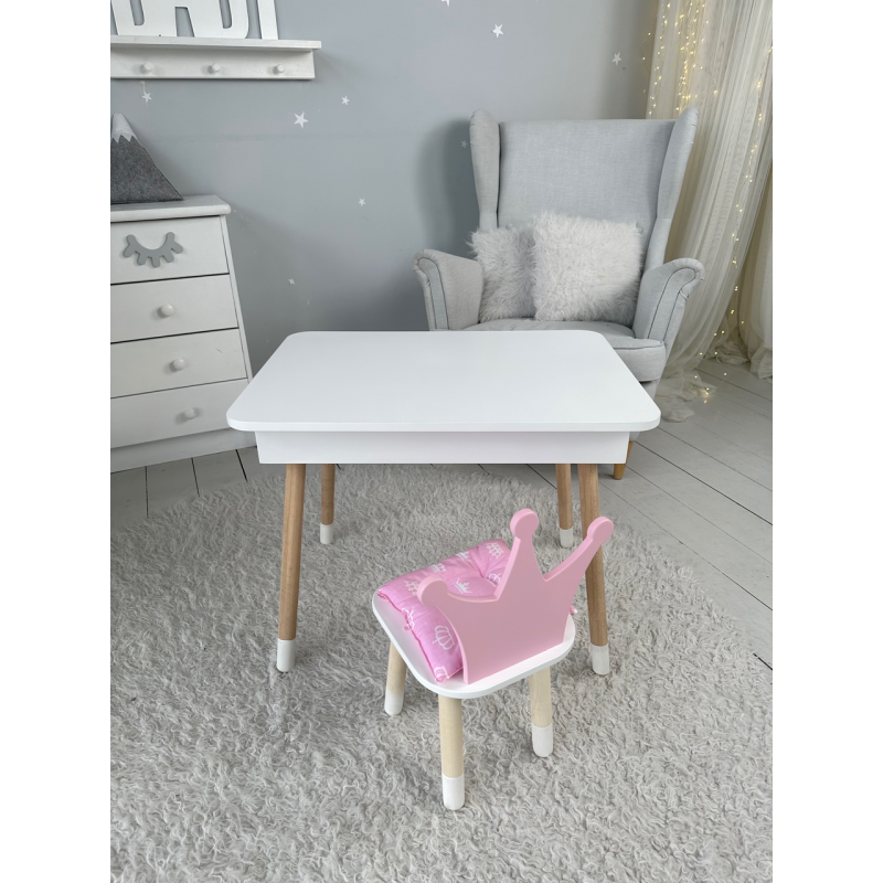 Столик з відкидним верхом 53х60х45 і стільчик корона 26.5х26х25, стіл та стілець для дітей від 1 року, білий з рожевим