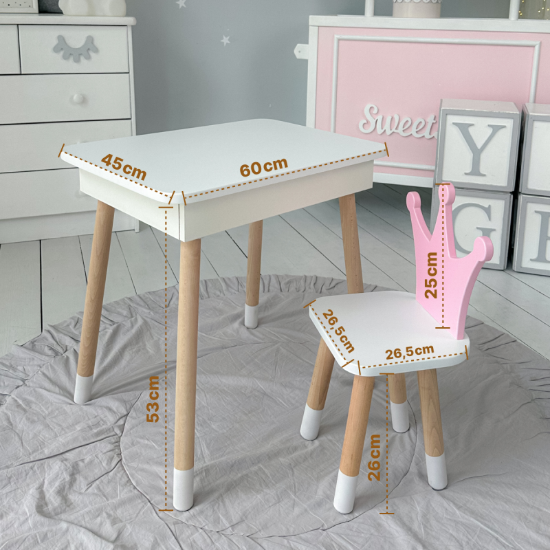 Столик з відкидним верхом 53х60х45 і стільчик корона 26.5х26х25, стіл та стілець для дітей від 1 року, білий з рожевим