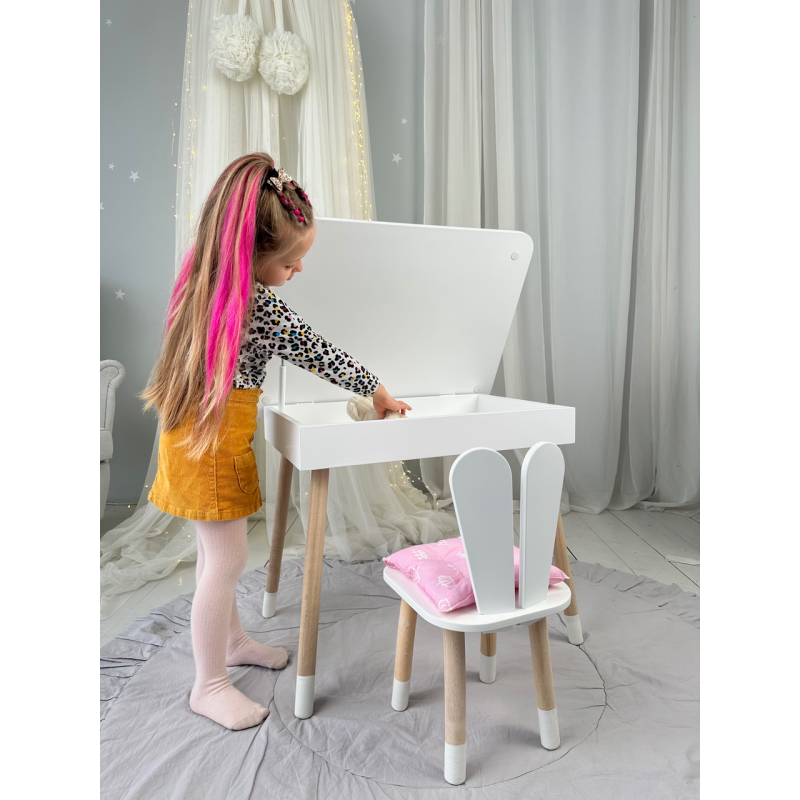 Дитячий столик з відкидним верхом 53х60х45 і стільчик зайчик 26.5х26х25, стіл та стілець для дітей до 7 років, білий