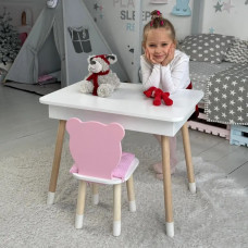 Стіл прямокутний з відкидним ящиком 53х60х45 і стілець медведик 26.5х26х25, комплект для дівчачої кімнати, рожевий з білим