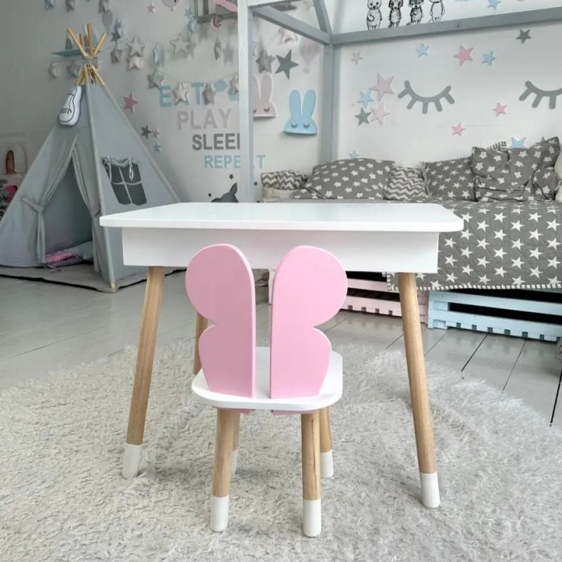Дитячий столик з відкидним верхом 53х60х45 і стільчик метелик 26.5х26х25, стіл та стілець для дітей до 7 років, білий з рожевим