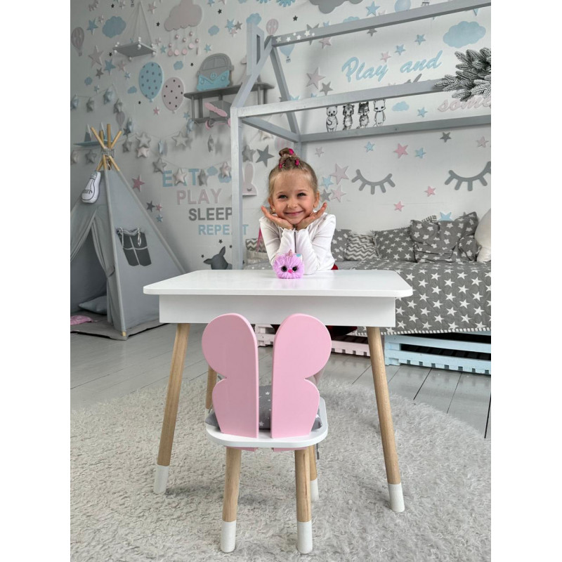 Дитячий столик з відкидним верхом 53х60х45 і стільчик метелик 26.5х26х25, стіл та стілець для дітей до 7 років, білий з рожевим